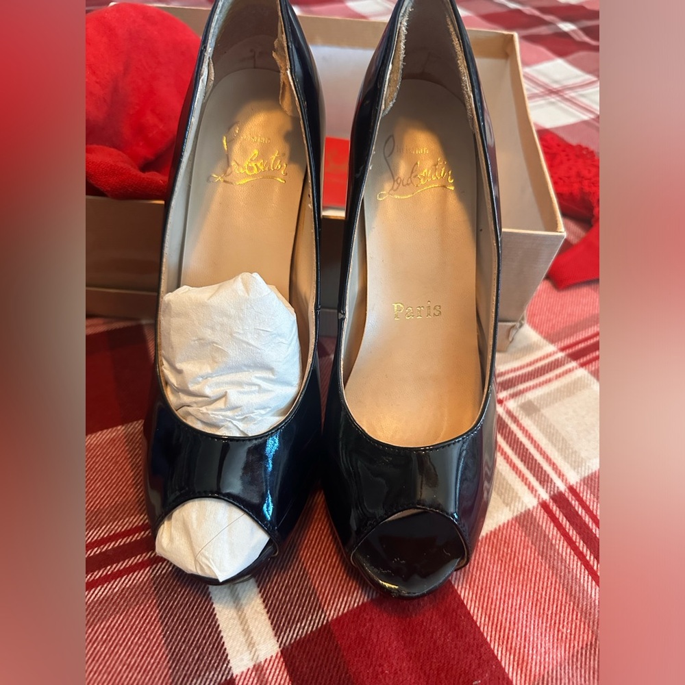 Peep to paten leather black Christian Louboutin heels